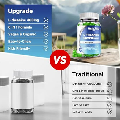 HOLLEGEND L-Theanin Gummies – 400mg L-Theanin mit Ashwagandha, GABA & 5-HTP – Vegan, Zitronengeschmack, 60 Stück für Entspannung, Schlaf & Fokus