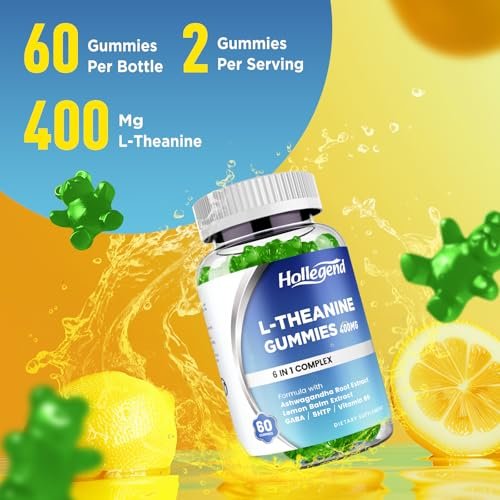 HOLLEGEND L-Theanin Gummies – 400mg L-Theanin mit Ashwagandha, GABA & 5-HTP – Vegan, Zitronengeschmack, 60 Stück für Entspannung, Schlaf & Fokus