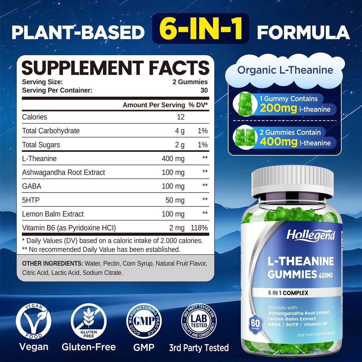 HOLLEGEND L-Theanin Gummies – 400mg L-Theanin mit Ashwagandha, GABA & 5-HTP – Vegan, Zitronengeschmack, 60 Stück für Entspannung, Schlaf & Fokus