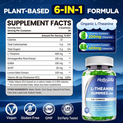 HOLLEGEND L-Theanin Gummies – 400mg L-Theanin mit Ashwagandha, GABA & 5-HTP – Vegan, Zitronengeschmack, 60 Stück für Entspannung, Schlaf & Fokus