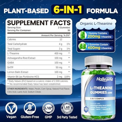 HOLLEGEND L-Theanin Gummies – 400mg L-Theanin mit Ashwagandha, GABA & 5-HTP – Vegan, Zitronengeschmack, 60 Stück für Entspannung, Schlaf & Fokus
