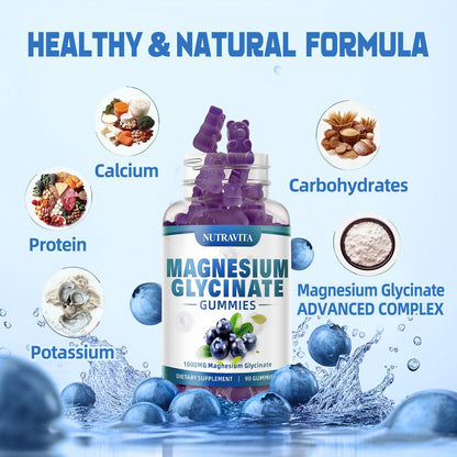 Magnesium Glycinat Gummis 1000mg mit Magnesium-L-Threonat, Chelat-Magnesium-Kalium-Komplex mit Vitamin D, B6, CoQ10, Calcium – Unterstützt Gedächtnis, Ruhe, Stimmung – 90 Gummis Blaubeere