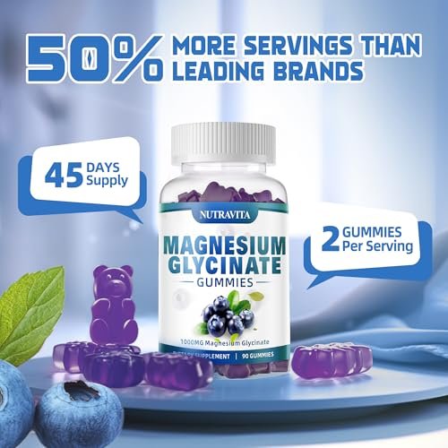 Magnesium Glycinat Gummis 1000mg mit Magnesium-L-Threonat, Chelat-Magnesium-Kalium-Komplex mit Vitamin D, B6, CoQ10, Calcium – Unterstützt Gedächtnis, Ruhe, Stimmung – 90 Gummis Blaubeere