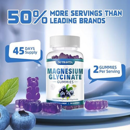 Magnesium Glycinat Gummis 1000mg mit Magnesium-L-Threonat, Chelat-Magnesium-Kalium-Komplex mit Vitamin D, B6, CoQ10, Calcium – Unterstützt Gedächtnis, Ruhe, Stimmung – 90 Gummis Blaubeere