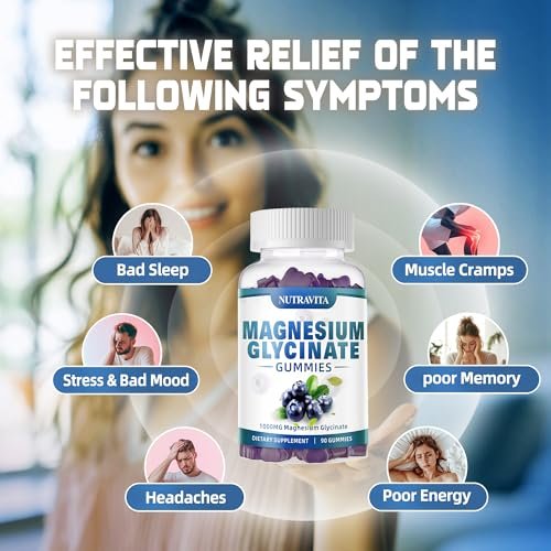 Magnesium Glycinat Gummis 1000mg mit Magnesium-L-Threonat, Chelat-Magnesium-Kalium-Komplex mit Vitamin D, B6, CoQ10, Calcium – Unterstützt Gedächtnis, Ruhe, Stimmung – 90 Gummis Blaubeere