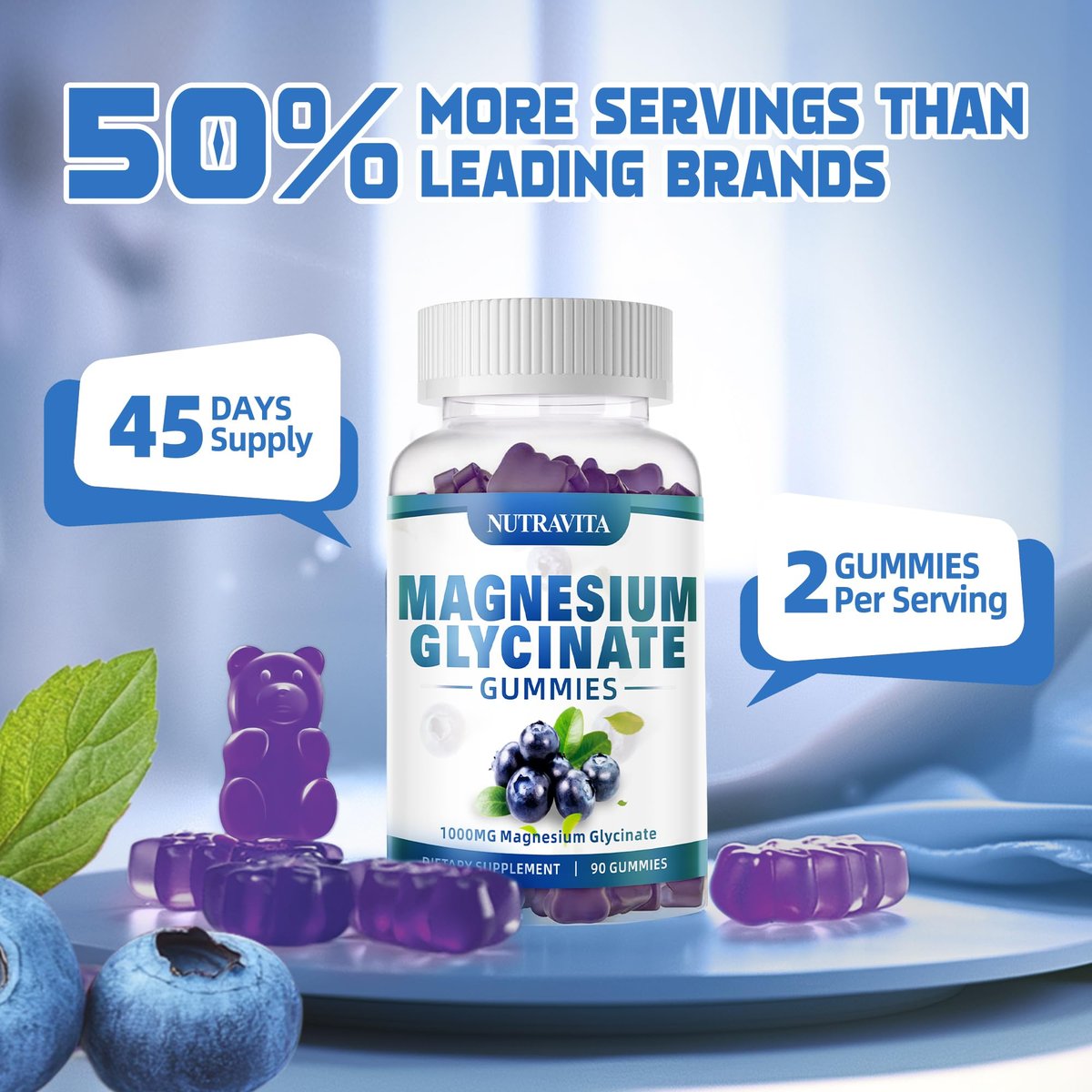 Magnesium Glycinat Gummis 1000mg mit Magnesium-L-Threonat, Chelat-Magnesium-Kalium-Komplex mit Vitamin D, B6, CoQ10, Calcium – Unterstützt Gedächtnis, Ruhe, Stimmung – 90 Gummis Blaubeere