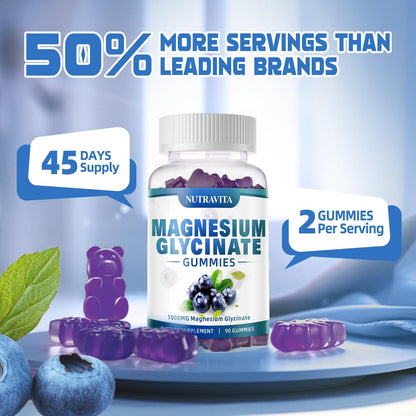 Magnesium Glycinat Gummis 1000mg mit Magnesium-L-Threonat, Chelat-Magnesium-Kalium-Komplex mit Vitamin D, B6, CoQ10, Calcium – Unterstützt Gedächtnis, Ruhe, Stimmung – 90 Gummis Blaubeere