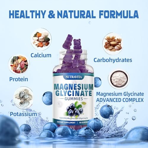 Magnesium Glycinat Gummis 1000mg mit Magnesium-L-Threonat, Chelat-Magnesium-Kalium-Komplex mit Vitamin D, B6, CoQ10, Calcium – Unterstützt Gedächtnis, Ruhe, Stimmung – 90 Gummis Blaubeere