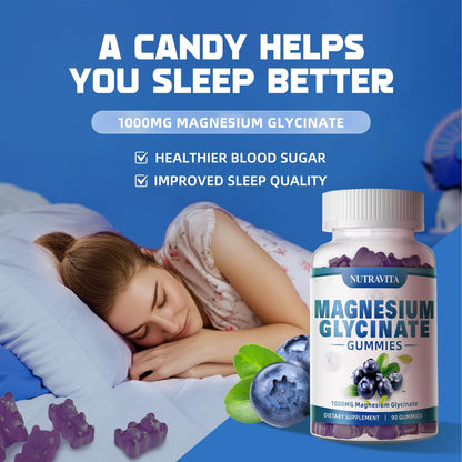 Magnesium Glycinat Gummis 1000mg mit Magnesium-L-Threonat, Chelat-Magnesium-Kalium-Komplex mit Vitamin D, B6, CoQ10, Calcium – Unterstützt Gedächtnis, Ruhe, Stimmung – 90 Gummis Blaubeere