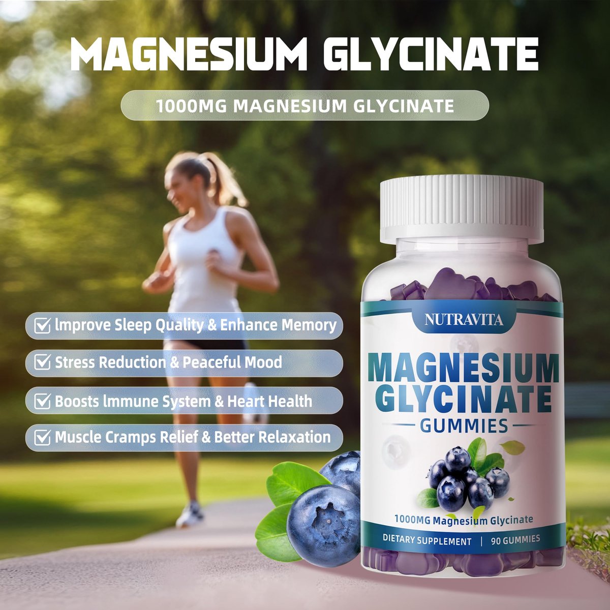 Magnesium Glycinat Gummis 1000mg mit Magnesium-L-Threonat, Chelat-Magnesium-Kalium-Komplex mit Vitamin D, B6, CoQ10, Calcium – Unterstützt Gedächtnis, Ruhe, Stimmung – 90 Gummis Blaubeere