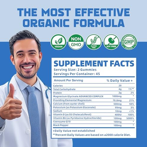 Magnesium Glycinat Gummis 1000mg mit Magnesium-L-Threonat, Chelat-Magnesium-Kalium-Komplex mit Vitamin D, B6, CoQ10, Calcium – Unterstützt Gedächtnis, Ruhe, Stimmung – 90 Gummis Blaubeere