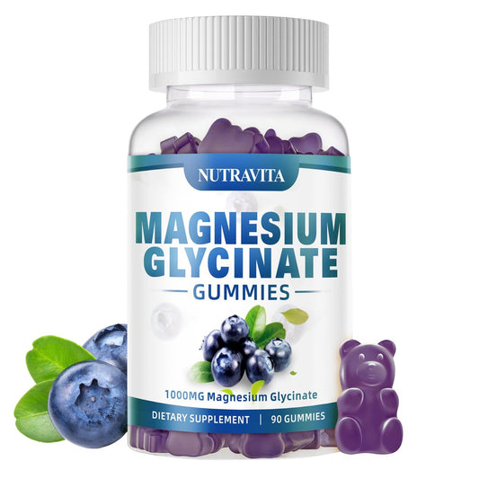 Magnesium Glycinat Gummis 1000mg mit Magnesium-L-Threonat, Chelat-Magnesium-Kalium-Komplex mit Vitamin D, B6, CoQ10, Calcium – Unterstützt Gedächtnis, Ruhe, Stimmung – 90 Gummis Blaubeere