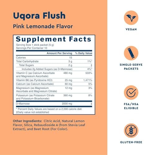 Uqora Flush – Harnweg* mit D-Mannose, Vitamin C, Vitamin B6, Kalium, Magnesium & Calcium – Glutenfrei & Vegan – Pink Lemonade Geschmack – 10 Beutel (1 Packung)