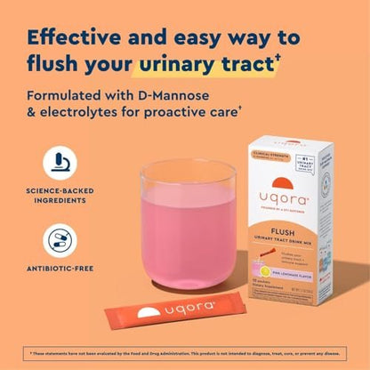 Uqora Flush – Harnweg* mit D-Mannose, Vitamin C, Vitamin B6, Kalium, Magnesium & Calcium – Glutenfrei & Vegan – Pink Lemonade Geschmack – 10 Beutel (1 Packung)