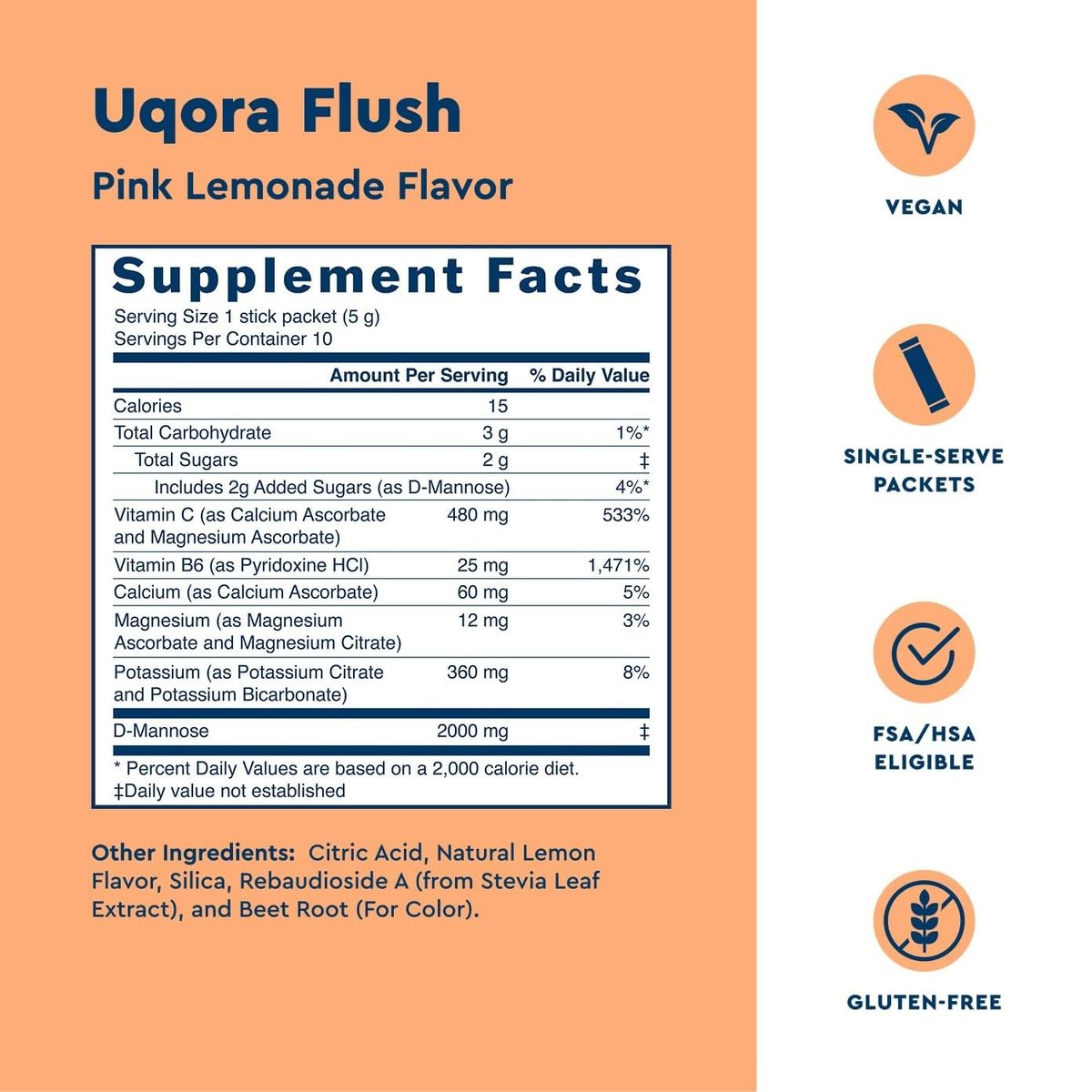 Uqora Flush – Harnweg* mit D-Mannose, Vitamin C, Vitamin B6, Kalium, Magnesium & Calcium – Glutenfrei & Vegan – Pink Lemonade Geschmack – 10 Beutel (1 Packung)