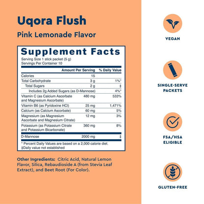 Uqora Flush – Harnweg* mit D-Mannose, Vitamin C, Vitamin B6, Kalium, Magnesium & Calcium – Glutenfrei & Vegan – Pink Lemonade Geschmack – 10 Beutel (1 Packung)