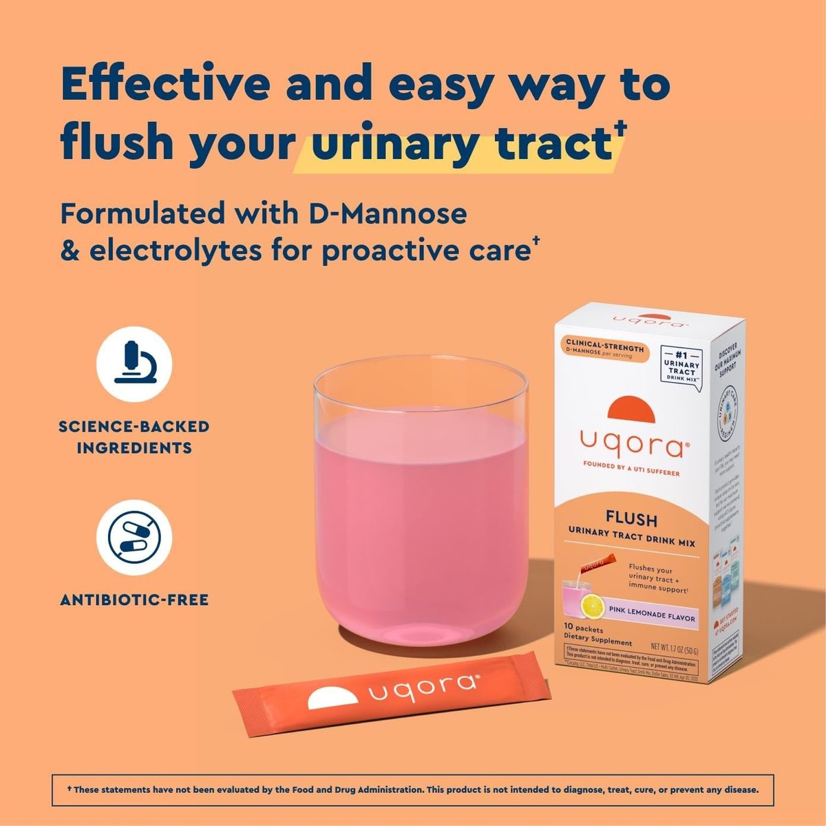 Uqora Flush – Harnweg* mit D-Mannose, Vitamin C, Vitamin B6, Kalium, Magnesium & Calcium – Glutenfrei & Vegan – Pink Lemonade Geschmack – 10 Beutel (1 Packung)