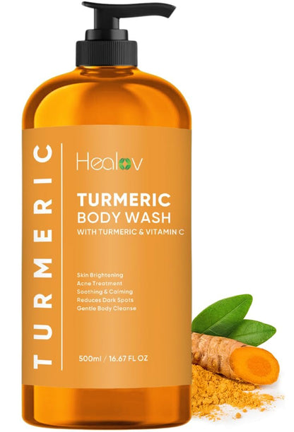 Healov Turmeric Body Wash – Hautaufhellende Seife gegen dunkle Flecken, Hyperpigmentierung – Peeling-Gesichtswaschmittel mit Kurkuma reduziert Akne, Narben und reinigt die Haut – Natürliche flüssige Badeseife
