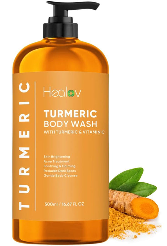 Healov Turmeric Body Wash – Hautaufhellende Seife gegen dunkle Flecken, Hyperpigmentierung – Peeling-Gesichtswaschmittel mit Kurkuma reduziert Akne, Narben und reinigt die Haut – Natürliche flüssige Badeseife