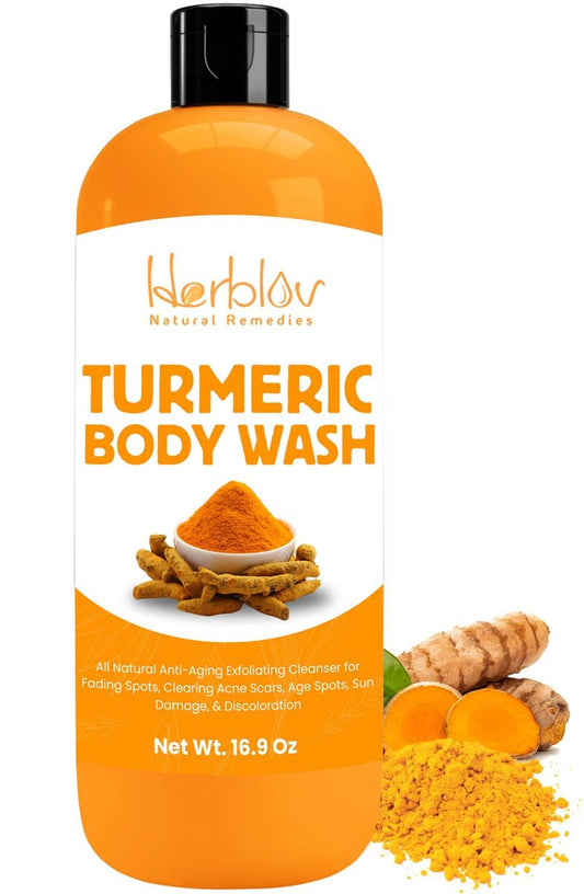 Herblov Kurkuma Duschgel – Hautaufhellende Flüssigseife gegen Verfärbungen – Natürliches Anti-Aging Peeling Kurkuma Duschgel für Flecken, Akne, Sonnenschäden – Badeseife Hautpflege