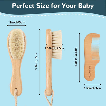 BONUMVITA Baby Haarbürste und Kamm Set aus Holz – Weiche Ziegenborsten für Neugeborene, Ideal gegen Milchschorf