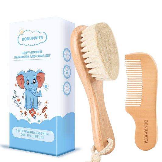 BONUMVITA Baby Haarbürste und Kamm Set aus Holz – Weiche Ziegenborsten für Neugeborene, Ideal gegen Milchschorf
