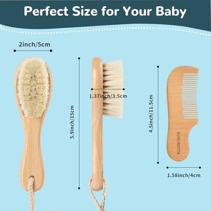 BONUMVITA Baby Haarbürste und Kamm Set aus Holz – Weiche Ziegenborsten für Neugeborene, Ideal gegen Milchschorf