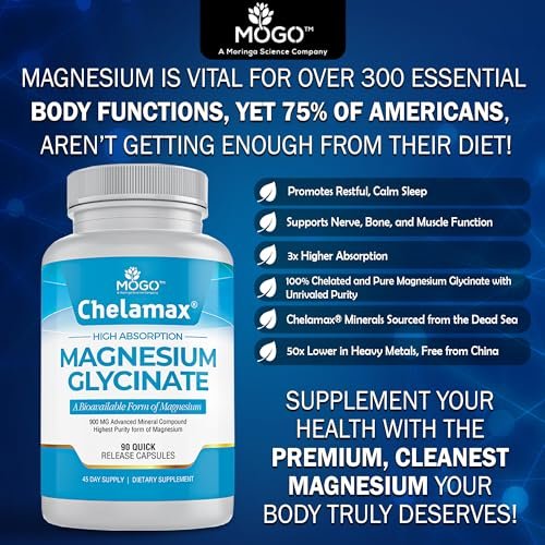 Chelamax Magnesium Glycinat – 100% cheliertes Magnesium aus dem Toten Meer, für Schlaf, Muskelkrämpfe & Knochengesundheit, 90 Kapseln, hergestellt in den USA, 3rd Party getestet, schwermetallfrei