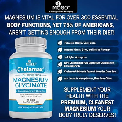 Chelamax Magnesium Glycinat – 100% cheliertes Magnesium aus dem Toten Meer, für Schlaf, Muskelkrämpfe & Knochengesundheit, 90 Kapseln, hergestellt in den USA, 3rd Party getestet, schwermetallfrei
