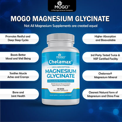 Chelamax Magnesium Glycinat – 100% cheliertes Magnesium aus dem Toten Meer, für Schlaf, Muskelkrämpfe & Knochengesundheit, 90 Kapseln, hergestellt in den USA, 3rd Party getestet, schwermetallfrei