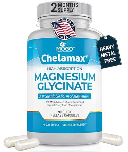 Chelamax Magnesium Glycinat – 100% cheliertes Magnesium aus dem Toten Meer, für Schlaf, Muskelkrämpfe & Knochengesundheit, 90 Kapseln, hergestellt in den USA, 3rd Party getestet, schwermetallfrei