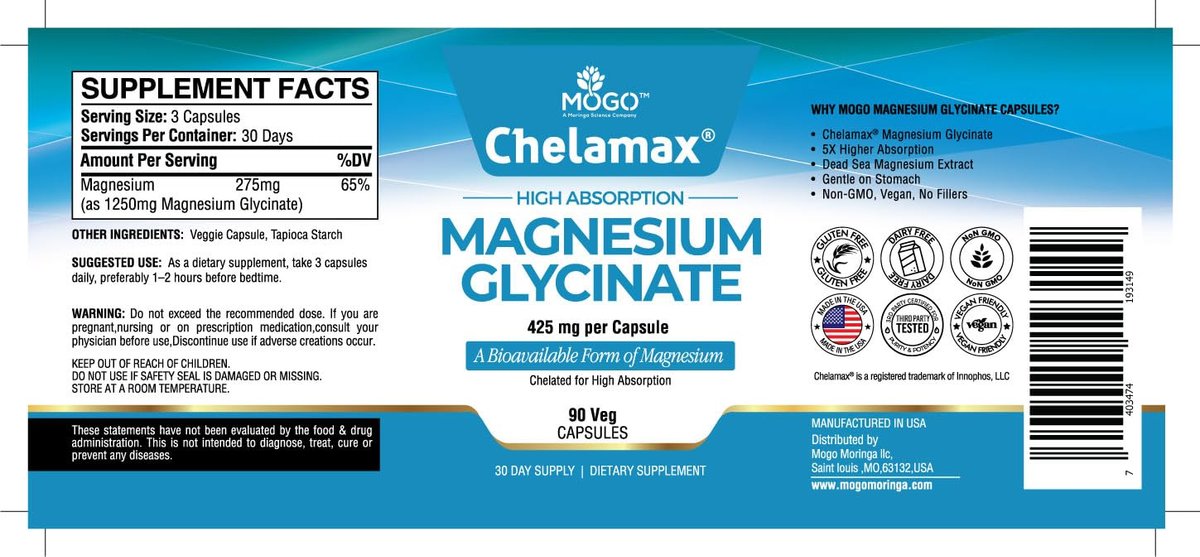 Chelamax Magnesium Glycinat – 100% cheliertes Magnesium aus dem Toten Meer, für Schlaf, Muskelkrämpfe & Knochengesundheit, 90 Kapseln, hergestellt in den USA, 3rd Party getestet, schwermetallfrei