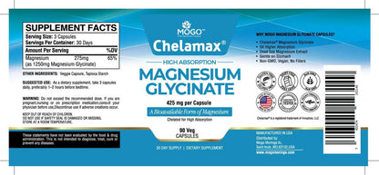 Chelamax Magnesium Glycinat – 100% cheliertes Magnesium aus dem Toten Meer, für Schlaf, Muskelkrämpfe & Knochengesundheit, 90 Kapseln, hergestellt in den USA, 3rd Party getestet, schwermetallfrei