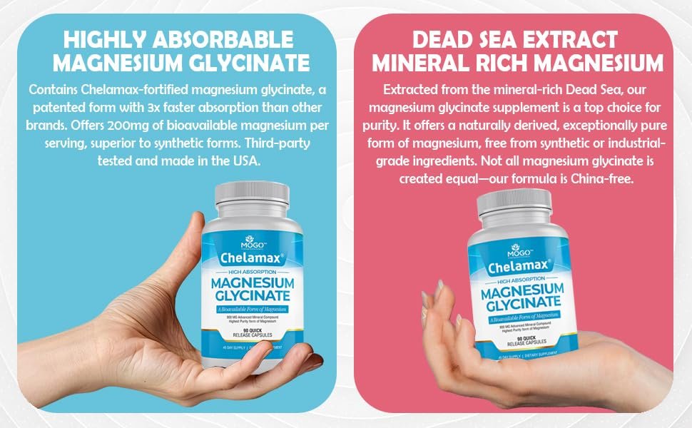 Chelamax Magnesium Glycinat – 100% cheliertes Magnesium aus dem Toten Meer, für Schlaf, Muskelkrämpfe & Knochengesundheit, 90 Kapseln, hergestellt in den USA, 3rd Party getestet, schwermetallfrei