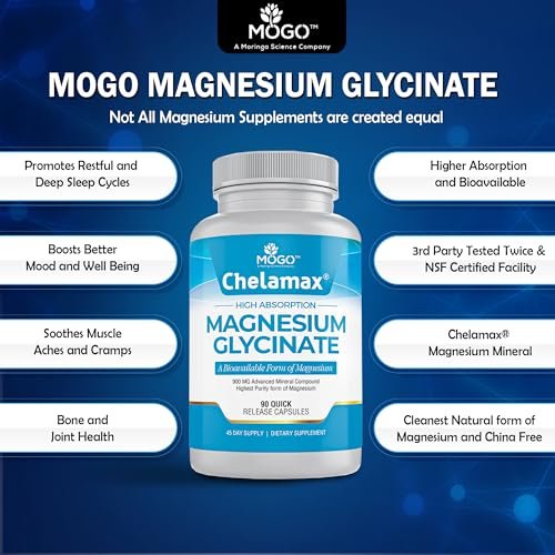 Chelamax Magnesium Glycinat – 100% cheliertes Magnesium aus dem Toten Meer, für Schlaf, Muskelkrämpfe & Knochengesundheit, 90 Kapseln, hergestellt in den USA, 3rd Party getestet, schwermetallfrei