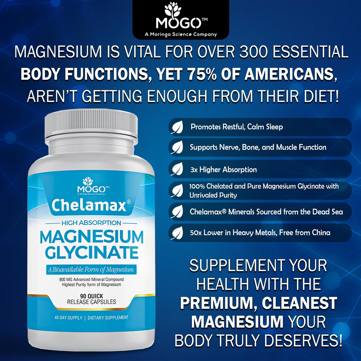 Chelamax Magnesium Glycinat – 100% cheliertes Magnesium aus dem Toten Meer, für Schlaf, Muskelkrämpfe & Knochengesundheit, 90 Kapseln, hergestellt in den USA, 3rd Party getestet, schwermetallfrei