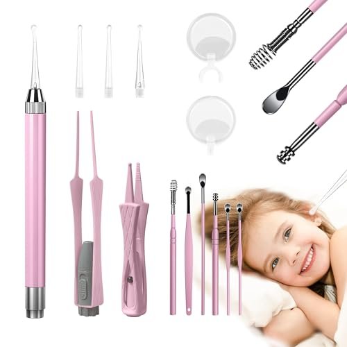 15-teiliges Ohrenschmalz-Entfernungsset mit LED-Leuchte – Ohrenreinigungsset für Kinder und Erwachsene, Ohrlöffel, Pinzette und Spiralfeder – Pink