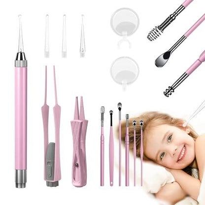 15-teiliges Ohrenschmalz-Entfernungsset mit LED-Leuchte – Ohrenreinigungsset für Kinder und Erwachsene, Ohrlöffel, Pinzette und Spiralfeder – Pink