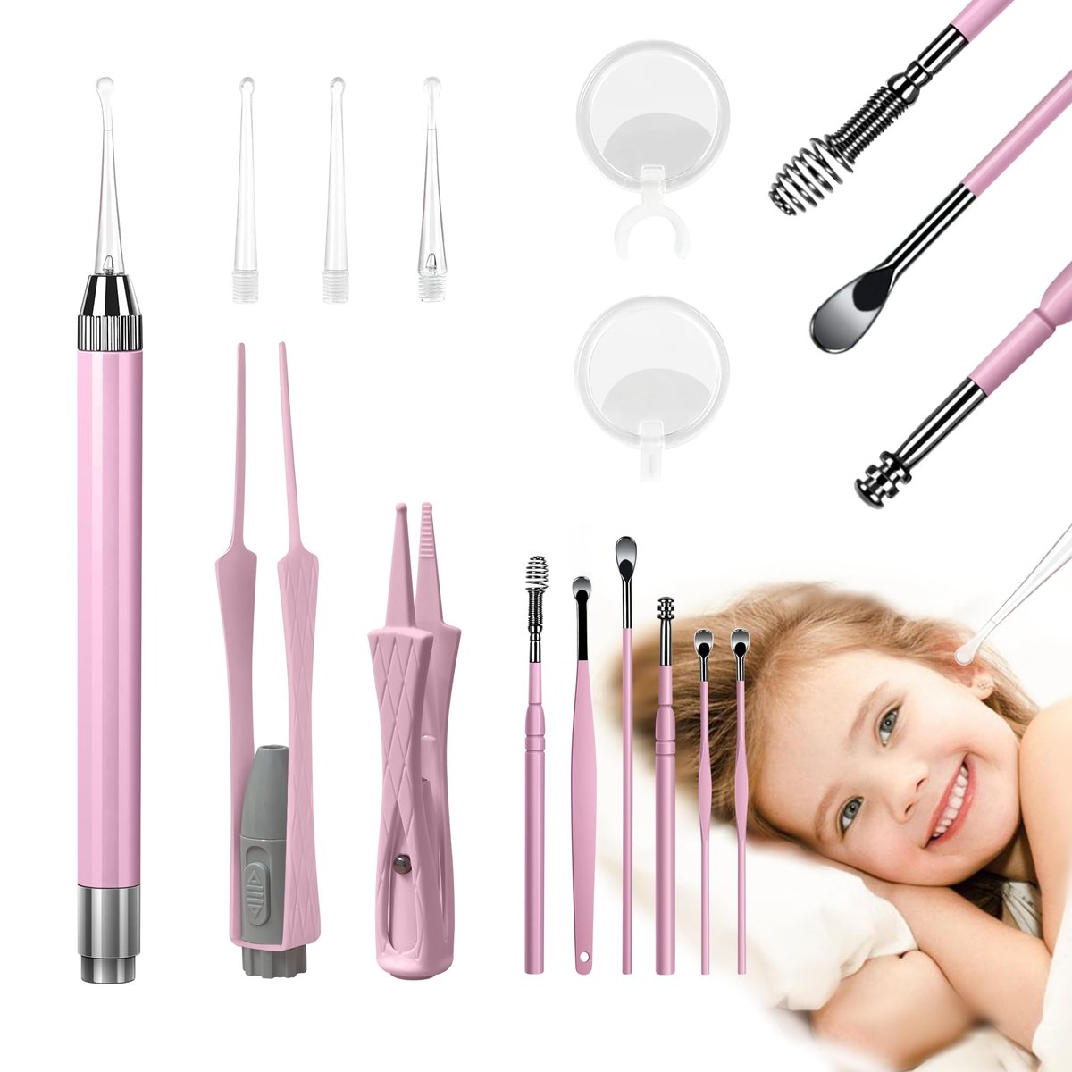 15-teiliges Ohrenschmalz-Entfernungsset mit LED-Leuchte – Ohrenreinigungsset für Kinder und Erwachsene, Ohrlöffel, Pinzette und Spiralfeder – Pink