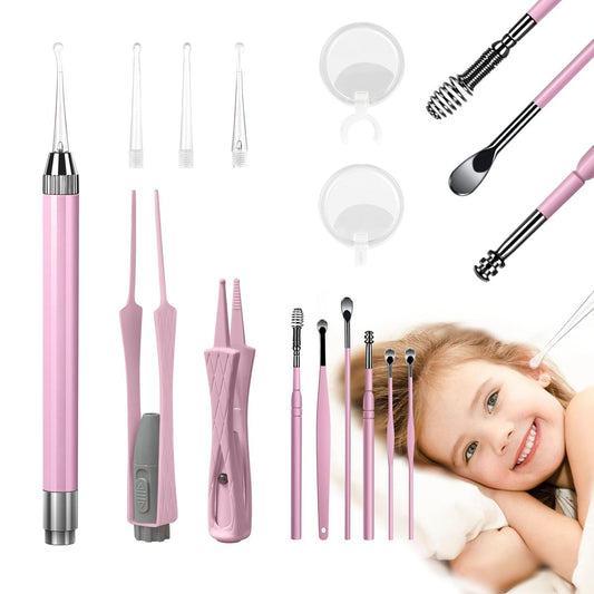 15-teiliges Ohrenschmalz-Entfernungsset mit LED-Leuchte – Ohrenreinigungsset für Kinder und Erwachsene, Ohrlöffel, Pinzette und Spiralfeder – Pink