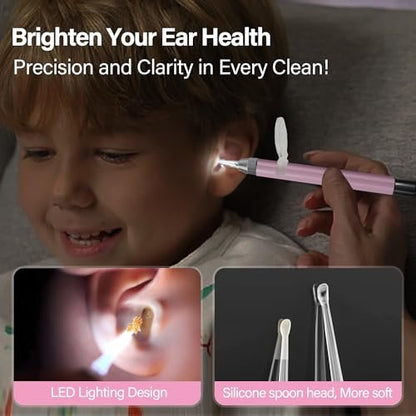 15-teiliges Ohrenschmalz-Entfernungsset mit LED-Leuchte – Ohrenreinigungsset für Kinder und Erwachsene, Ohrlöffel, Pinzette und Spiralfeder – Pink