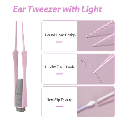 15-teiliges Ohrenschmalz-Entfernungsset mit LED-Leuchte – Ohrenreinigungsset für Kinder und Erwachsene, Ohrlöffel, Pinzette und Spiralfeder – Pink
