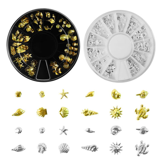 2 Disc Ocean Nail Charms – 12 Stile Silber & Gold – Meerjungfrau, Seestern, Muschel – 3D Nagelverzierungen für DIY Nagelkunst