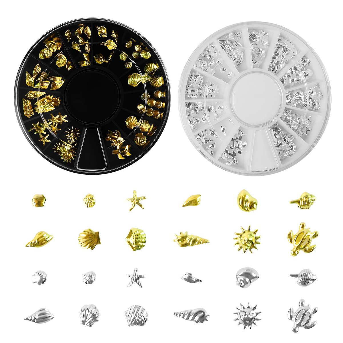 2 Disc Ocean Nail Charms – 12 Stile Silber & Gold – Meerjungfrau, Seestern, Muschel – 3D Nagelverzierungen für DIY Nagelkunst