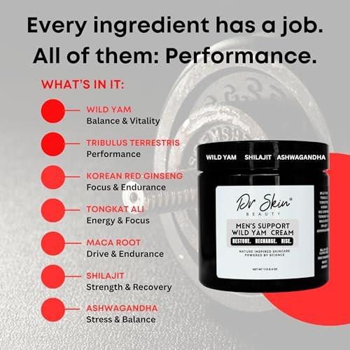 Dr. Skin Männer Bio Wild Yam Creme für Hormonbalance - Natürlicher T-Booster mit Koreanischem Ginseng & Tongkat Ali - Mit Ashwagandha für mehr Energie, Ausdauer & Kraft - 118ml, Hergestellt in den USA