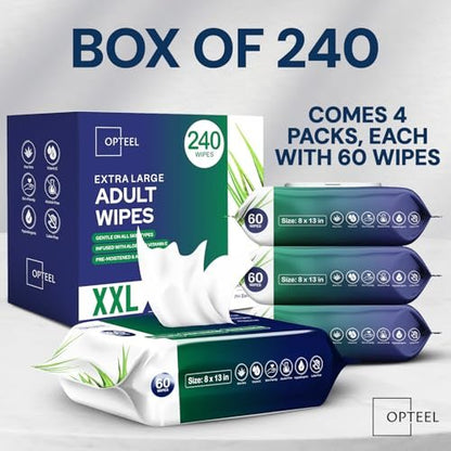 OPTEEL Erwachsenen-Feuchttücher für Senioren – 8x13 Zoll extra große & weiche Feuchttücher für die Körperpflege – Inkontinenz-Waschlappen mit Vitamin E & Aloe für Männer & Frauen, 240 Stück (4 x 60)