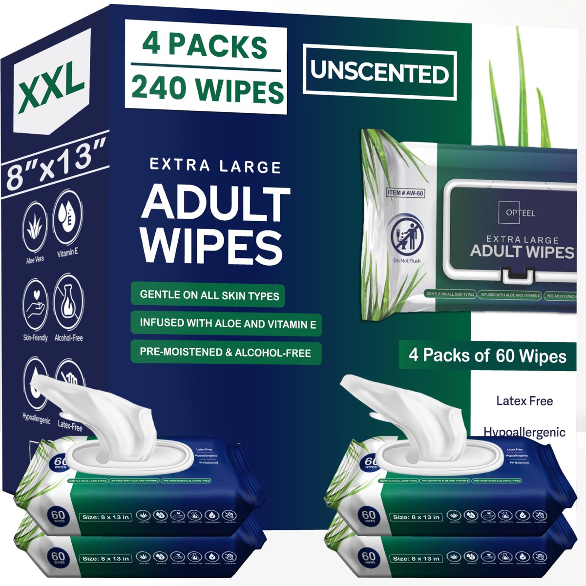 OPTEEL Erwachsenen-Feuchttücher für Senioren – 8x13 Zoll extra große & weiche Feuchttücher für die Körperpflege – Inkontinenz-Waschlappen mit Vitamin E & Aloe für Männer & Frauen, 240 Stück (4 x 60)