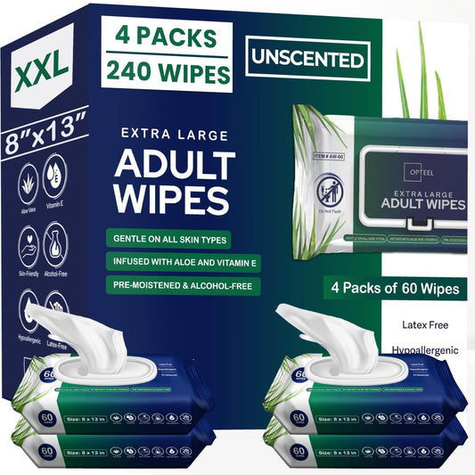 OPTEEL Erwachsenen-Feuchttücher für Senioren – 8x13 Zoll extra große & weiche Feuchttücher für die Körperpflege – Inkontinenz-Waschlappen mit Vitamin E & Aloe für Männer & Frauen, 240 Stück (4 x 60)