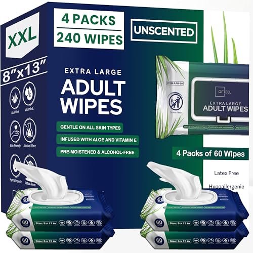 OPTEEL Erwachsenen-Feuchttücher für Senioren – 8x13 Zoll extra große & weiche Feuchttücher für die Körperpflege – Inkontinenz-Waschlappen mit Vitamin E & Aloe für Männer & Frauen, 240 Stück (4 x 60)