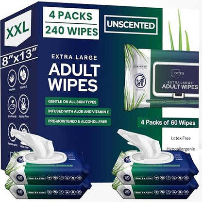 OPTEEL Erwachsenen-Feuchttücher für Senioren – 8x13 Zoll extra große & weiche Feuchttücher für die Körperpflege – Inkontinenz-Waschlappen mit Vitamin E & Aloe für Männer & Frauen, 240 Stück (4 x 60)